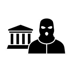 Bank and thief icon. Bank robbery. Vector icon isolated on white background.