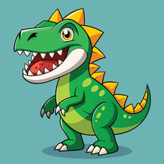 Fototapeta premium Friendly green cartoon dinosaur with a big grin and spikes against a blue backdrop