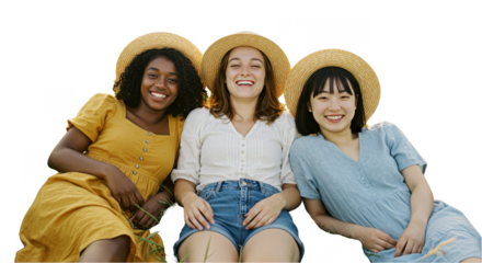 Three Cheerful Women Smiling and Posing in Straw Hats on Grass as Photo