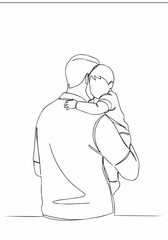Single line drawing of father holding his child. The scene shows a father embracing his kid, showing deep love.