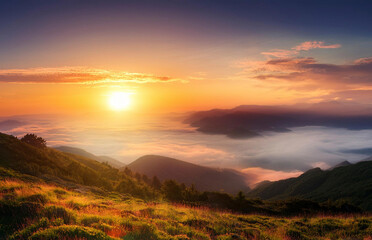 Generated Breathtaking sunrise over misty hills and valleys, captured during the golden hour. The soft morning fog, warm light, and serene natural landscape create a peaceful and atmospheric countrysi