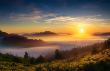 Obraz premium Generated Breathtaking sunrise over misty hills and valleys, captured during the golden hour. The soft morning fog, warm light, and serene natural landscape create a peaceful and atmospheric countrysi