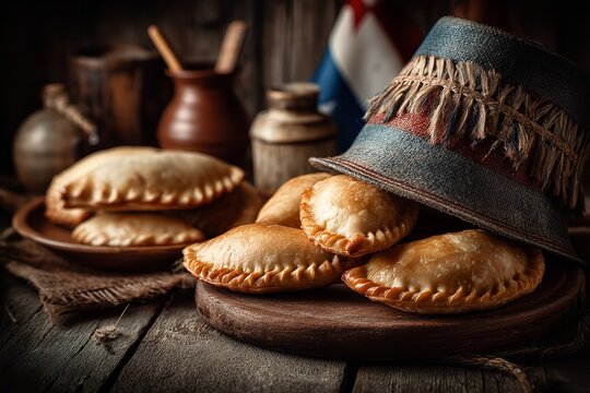 Play emboque, hat, and wine or chicha. Drinks and food at a gathering on September 18 with a wooden backdrop. Generative Ai