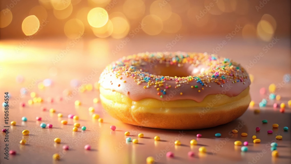 Poster A frosted donut with colorful sprinkles sits on a table with scattered sprinkles in front of a soft, out of focus, golden background.