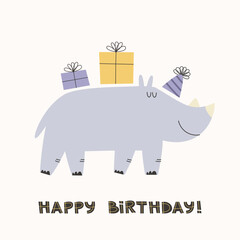 Happy Birthday creative card design with cute rhino, presents and greeting lettering.