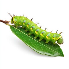 Naklejka premium Vibrant green caterpillar crawling on a leaf.