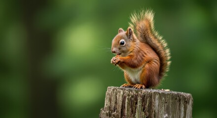 Red squirrel perched on a tree stump eating a nut in a forest environment, with a blurred green background, showcasing its cute and adorable nature.