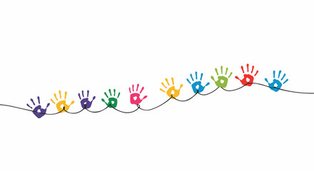 Colorful handprints connected together in a line, representing diversity and inclusion. Each handprint displays a different color and symbolizes unity