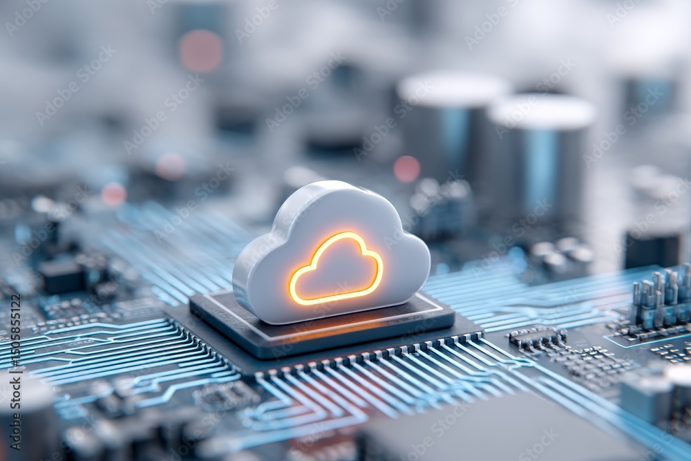 Poster cloud computing technology on circuit board - a 3d of a cloud symbol on a circuit board, illustratin
