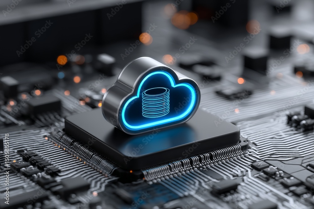 Poster cloud data storage on microchip - close-up of a metallic cloud icon with data disks, glowing blue, p
