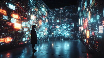 Woman contemplating a digital data wall.