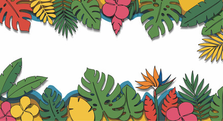 Colorful tropical paper cut-out plants with various shapes and sizes form an exotic border. A vibrant scene of a variety of leaves and flowers, with meticulous detailing and intricate designs