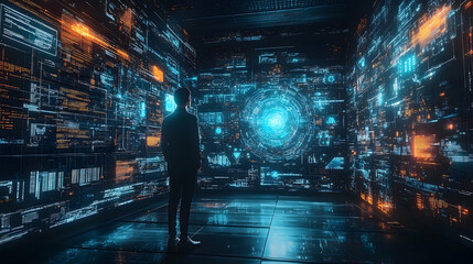 Person contemplates a digital display wall.