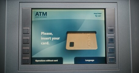 ATM User Entering PIN Code on ATM Keypad for Money Withdrawal. Error Message on Cash Machine Screen...