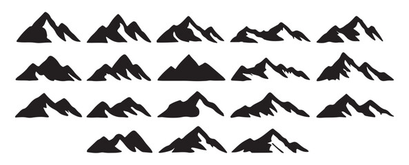Set of vector mountain silhouette or vintage hill peak outline for forest logo or nature landscape design. Mountain silhouette pattern for hiking or camping business. Summer mountain travel line art.