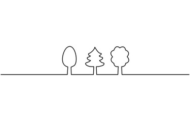 Trees one line set art. Continuous line drawing of plants, herb, tree, wood, Outdoors garden landscape design one sketch outline drawing vector illustration.