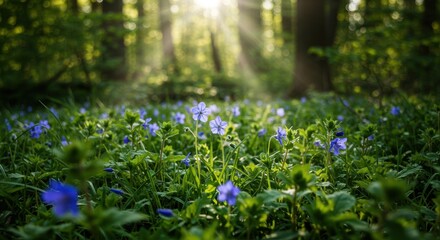Sunlight shining through trees onto a field of blue geranium flowers in a lush green forest, creating a tranquil and scenic woodland landscape in springtime