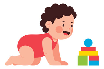 Cute Cartoon Baby Crawling Toward Colorful Building Blocks in Playful Illustration
