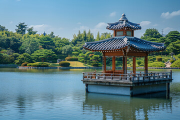 a pagoda sits on a small pier in a lake