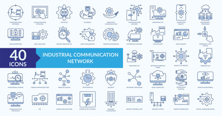 Industrial communication network icon collection set with augmented reality, distributed control, real time data, monitoring system, digital transformation 