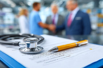 Medical stethoscope and pen on a healthcare contract document, with doctors and executives shaking hands in background, in hospital.
