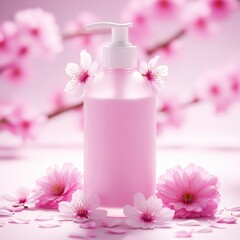 Pink lotion bottle with cherry blossom flowers and petals close-up