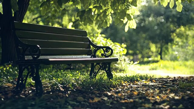 Sunlit park bench under tree canopy: nature's tranquil retreat in morning light