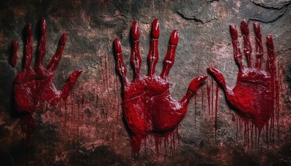  bloody red handprints on rugged stone wall with dripping paint texture for horror web design, halloween branding, or thriller poster background