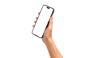Hand holding smartphone with blank screen isolated.

