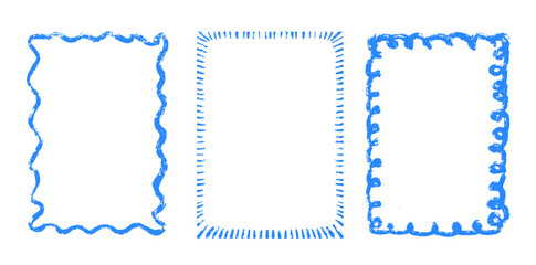 Hand drawing blue charcoal sketch borders isolated on transparent background. Vector vintage-style frame set for social media template, greeting card, wedding or birthday invite.