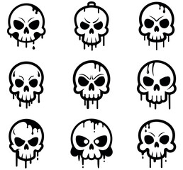 Dripping Skull Icons Bundle – Set of 9 Black and White Gothic Skull Illustrations