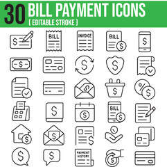 Payment invoice and mobile banking vector icon set with editable stroke, receipt, payment editable line stroke, pixel perfect invoice icons symbol, buying, mobile payment, credit card purchase