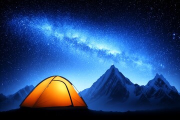 Night Camping Under the Milky Way - Illuminated tent nestled in mountains under a breathtaking night sky filled with stars and the Milky Way galaxy