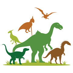 Obraz premium Silhouettes of various prehistoric dinosaurs in green brown and orange on a white background