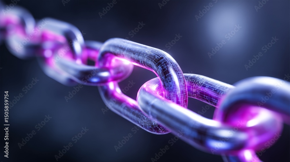 Poster secure link concept - close-up of a metallic chain with glowing purple links, symbolizing secure dat