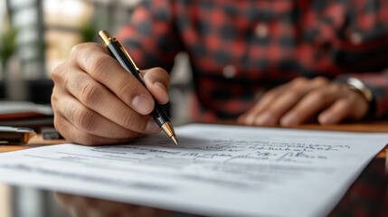 Man signing document at cafe table with blurred background