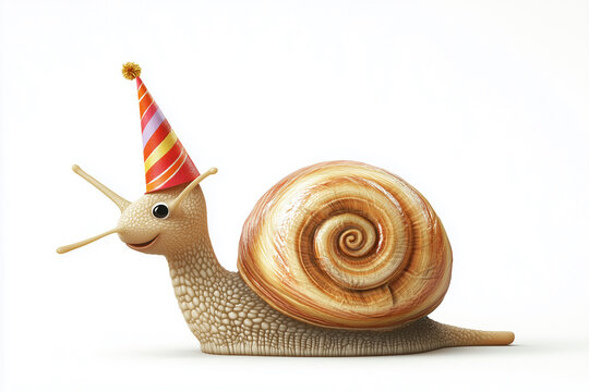 A macro close-up of a small brown garden snail with a spiral shell crawling slowly on a white background, showing the slimy gastropod mollusk isolated as a single animal in nature