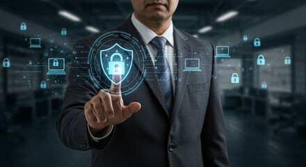 A businessman touches a network security icon, highlighting the protection of computer networks from cyberattacks, ensuring secure data transfer, and the prevention of unauthorized network breaches