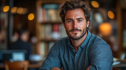 Obraz premium Man sits confidently in bustling bookstore cafe
