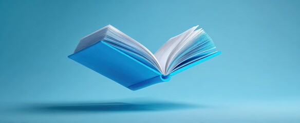 The enchanting floating blue book amidst a minimalist background for creative inspiration.