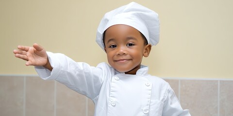 dynamic angle photo of friendly african american toddler chef, dynamic pose in kitchen 