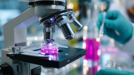 Microscope in laboratory examines petri dish with colorful liquid during scientific research process