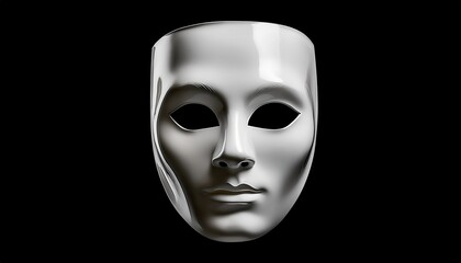  glossy white expressionless face mask on black background for halloween branding, horror web design, surreal print artwork, or mysterious identity concept illustration