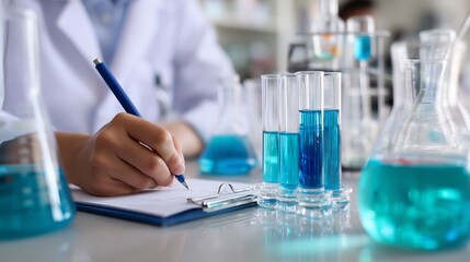 Fototapeta premium Laboratory technician conducting experiments with blue liquid in glassware, focused on recording observations