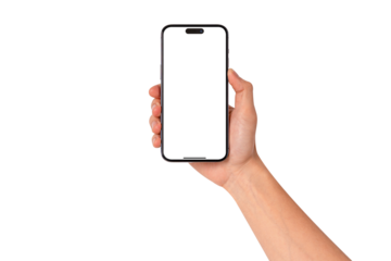 Hand holding smartphone with blank screen isolated.

