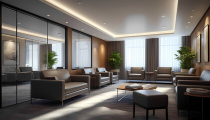 A stylish seating area with leather armchairs and sofas arranged around a coffee table.