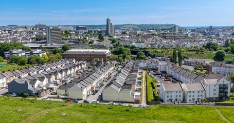 Aerial view of Plymouth cityscape and residential areas.