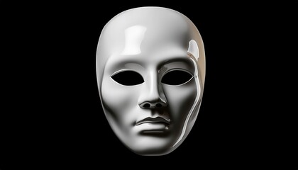  glossy white expressionless face mask on black background for halloween branding, horror web design, surreal print artwork, or mysterious identity concept illustration
