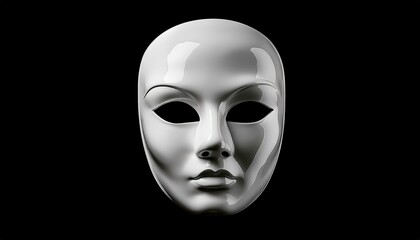  glossy white expressionless face mask on black background for halloween branding, horror web design, surreal print artwork, or mysterious identity concept illustration