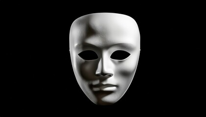  glossy white expressionless face mask on black background for halloween branding, horror web design, surreal print artwork, or mysterious identity concept illustration